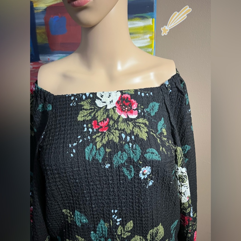 LOFT Black Floral XS Square Neck Blouse Knit Peasant Top Smocked Puff Sleeves - Picture 7 of 17